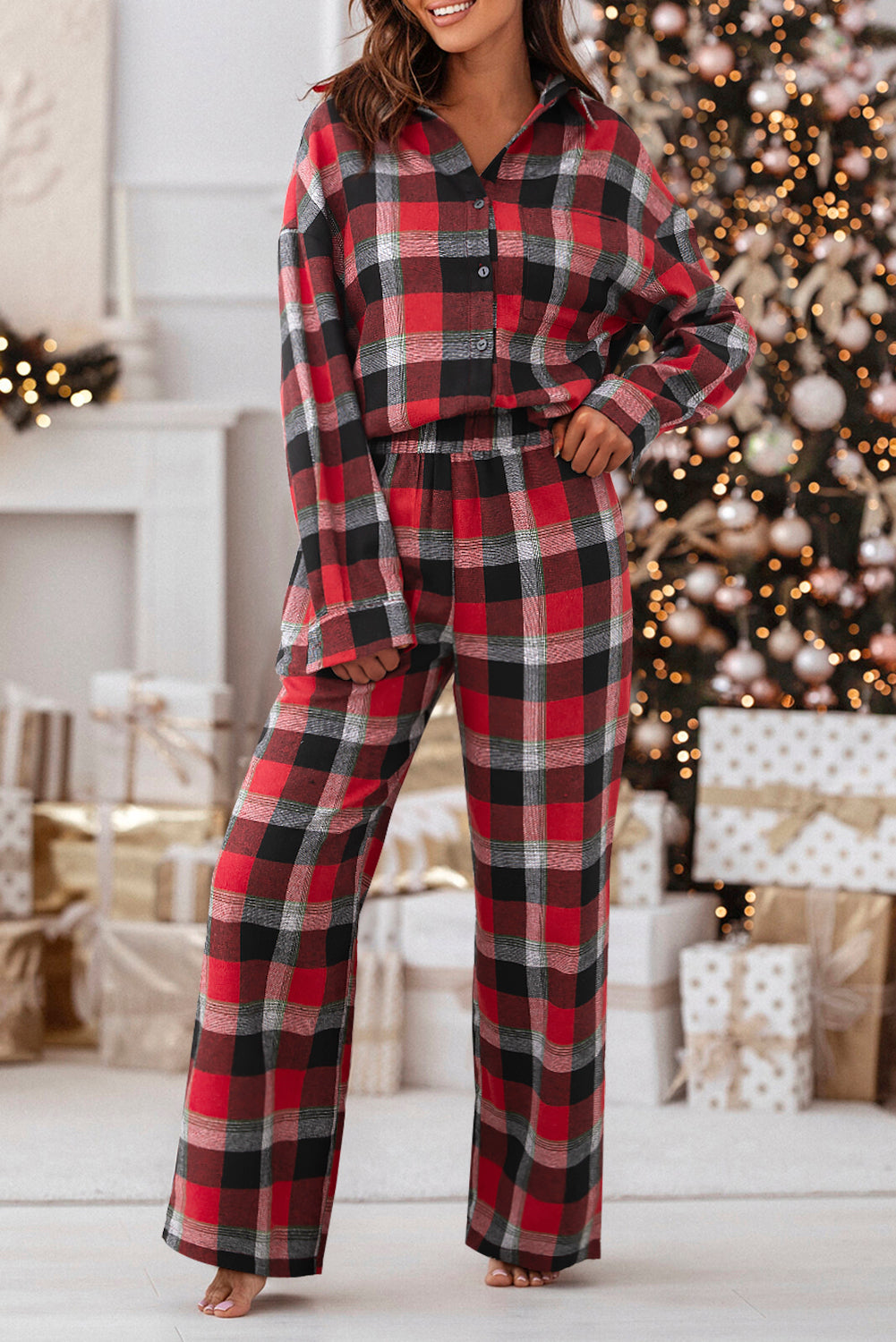 Red Christmas Checkered Pattern Loose Shirt and Pants Lounge Set - Little Miss Vanilla