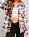 Pink Geometric Plaid Print Pocketed Shacket