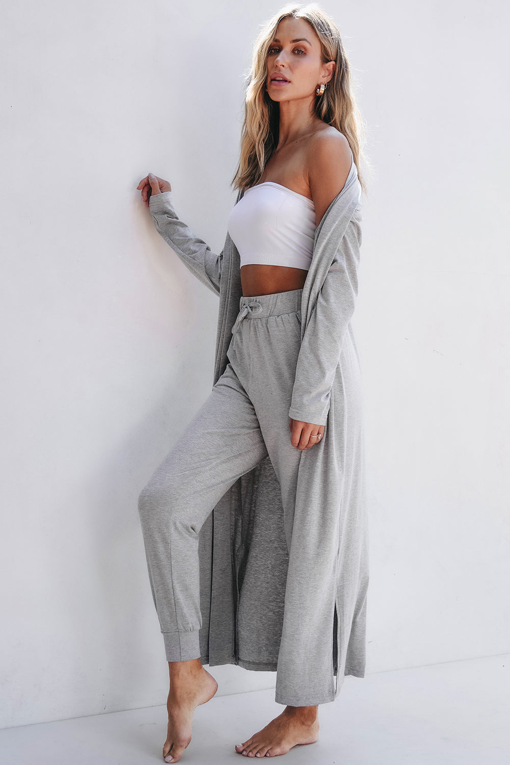 Light Grey Split Long Cardigan and Skinny Pants Lounge Set - Little Miss Vanilla