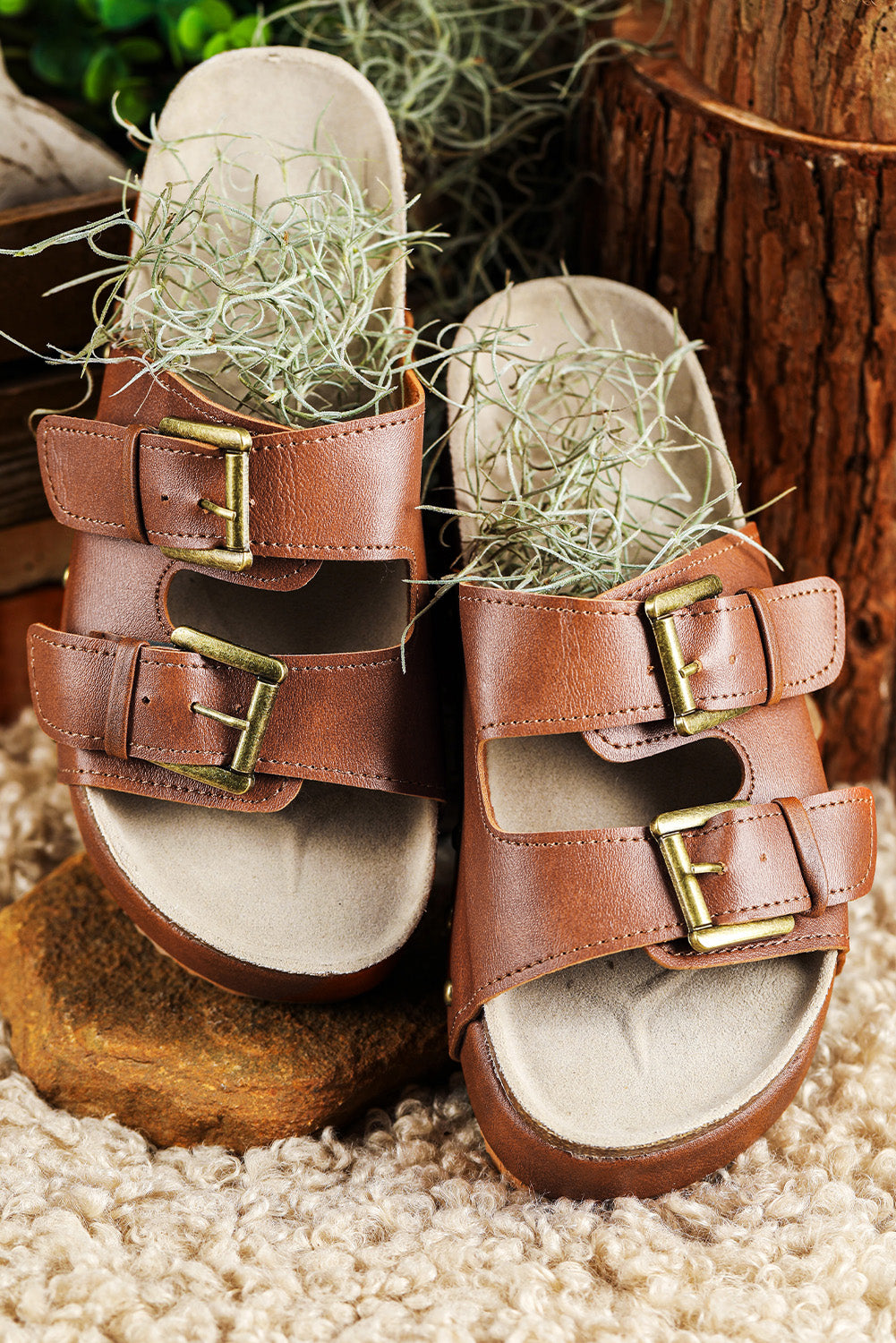 Chestnut Dual Buckle Studded Platform Sandal Slippers - Little Miss Vanilla