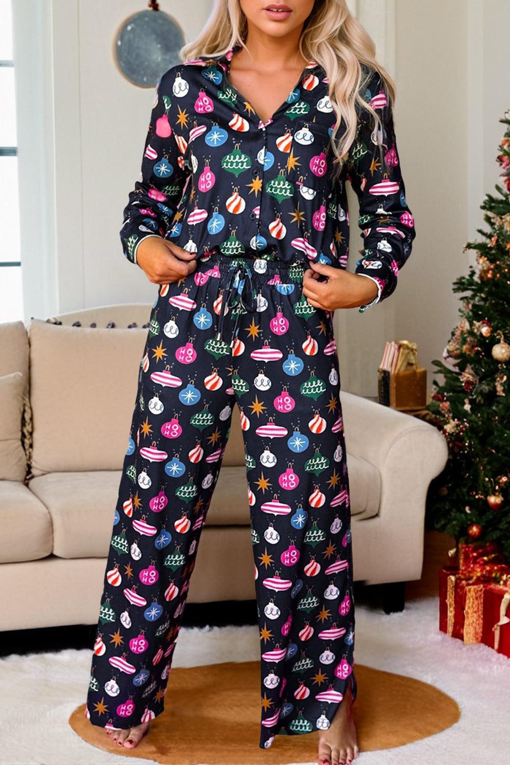 Navy Blue Colorful Christmas Lights Print Shirt and Pants Pajama Set - Little Miss Vanilla