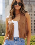 Camel Fringed Snap Button Front Suedette Vest - Little Miss Vanilla