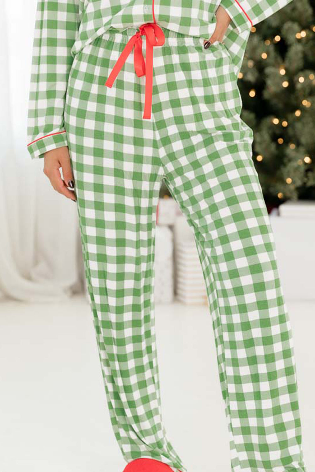 Light Green Christmas Plaid Print Shirt and Pants Pajama Set - Little Miss Vanilla