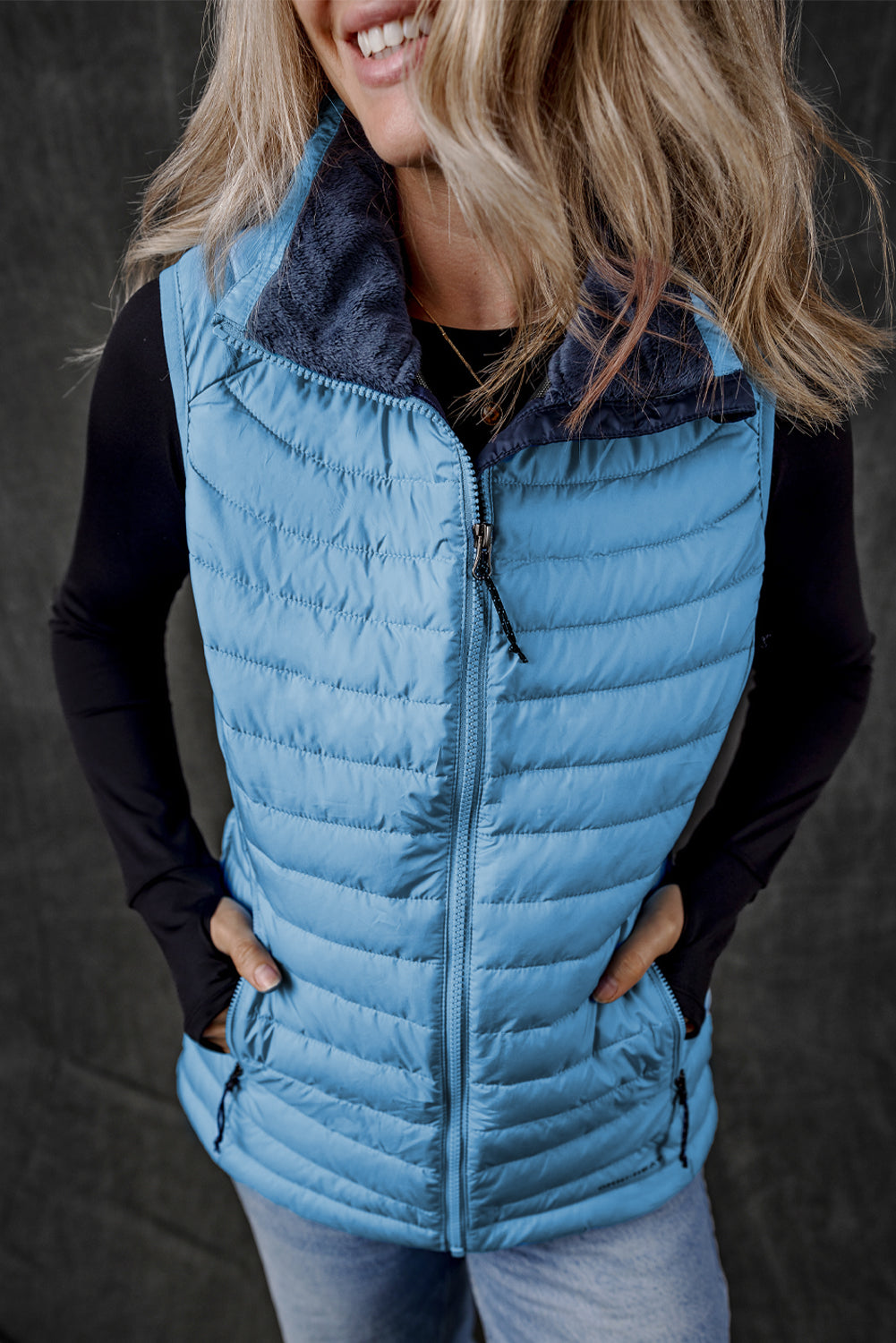 Sky Blue Plush Collared Quilted Zipped Puffer Vest - Little Miss Vanilla