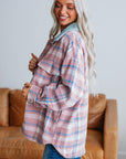 Pink Plaid Print Color Block Collared Flap Pockets Loose Shacket