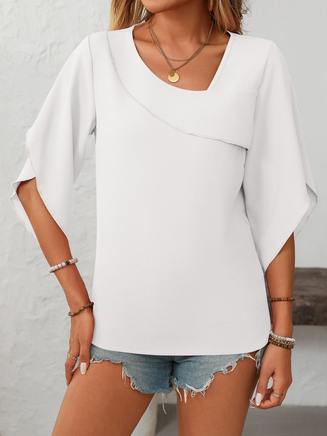 Mandy Ruffled Asymmetrical Neck Half Sleeve Blouse - Little Miss Vanilla