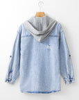 Distressed Button Up Hooded Denim Jacket with Pockets - Little Miss Vanilla