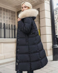 Winter Slim Long Jacket With Fur Hood And Belt Fashion Solid Hooded Coat Warm Clothing For Women