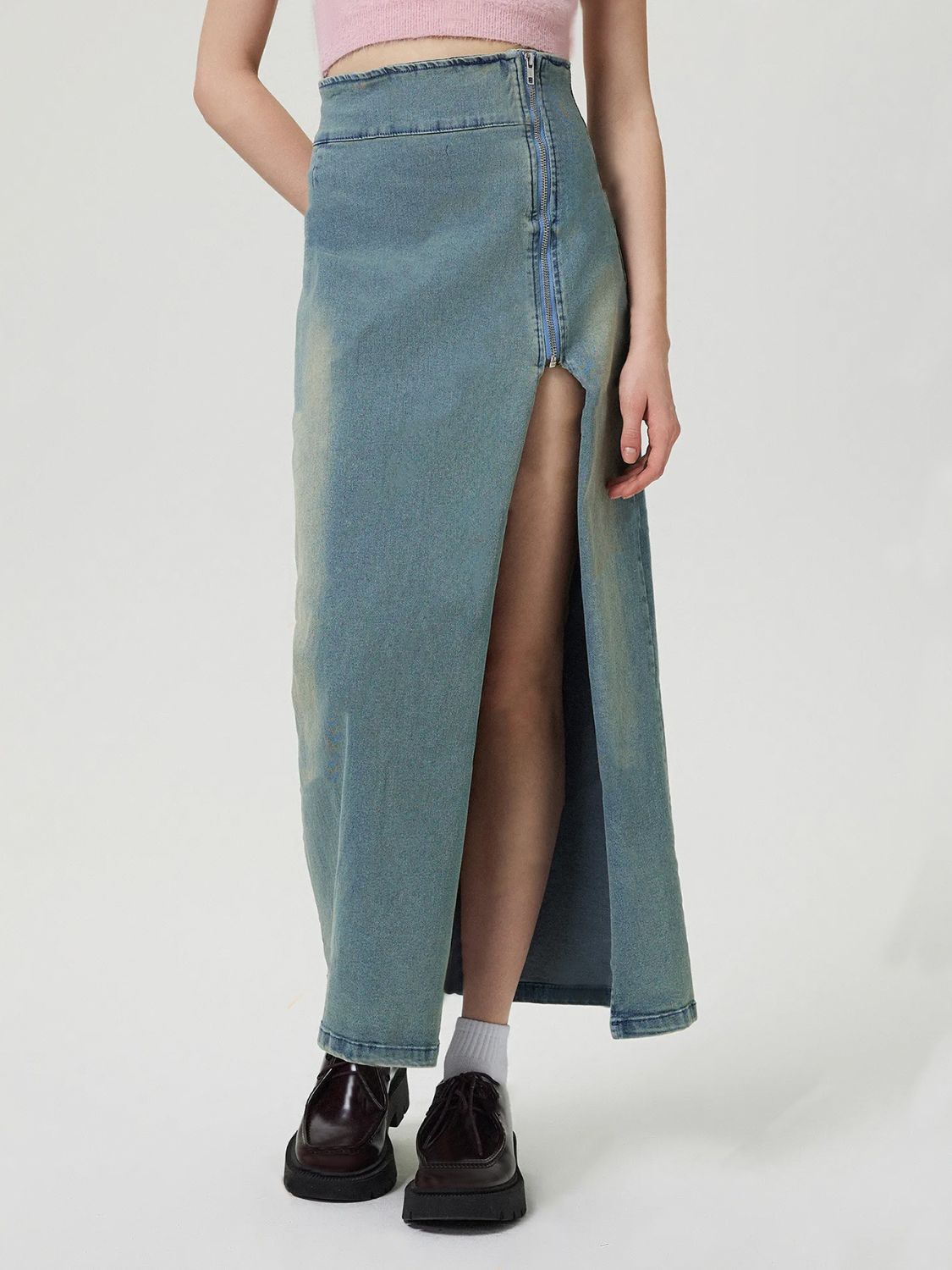 Slit Denim Skirt with Zip - Little Miss Vanilla