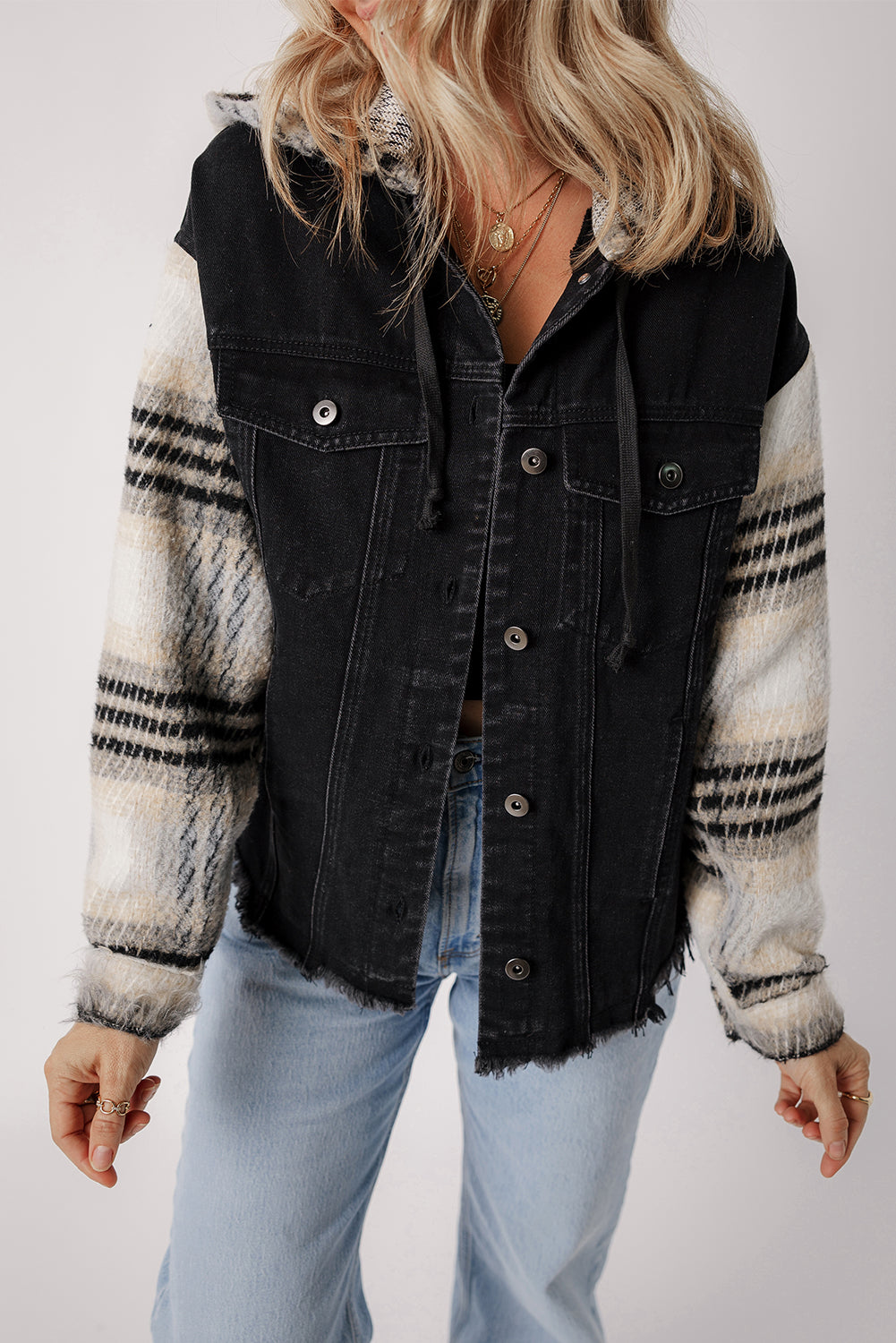 Raw Hem Drawstring Hooded Denim Jacket - Little Miss Vanilla