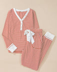 Red Stripe Buttoned V Neck Top and Knotted Waist Pants Lounge Set - Little Miss Vanilla