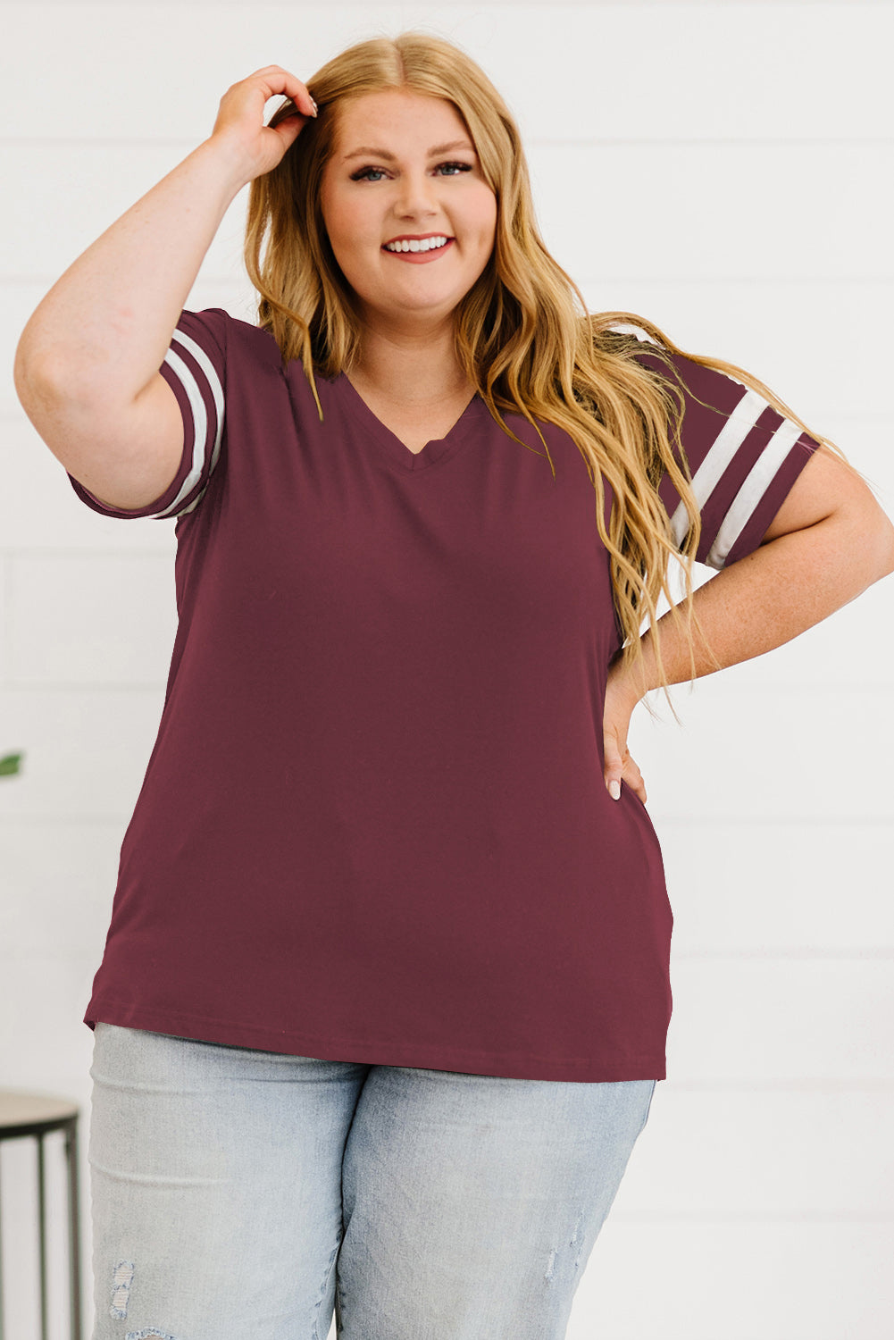 Plus Size Striped V-Neck Tee Shirt - Little Miss Vanilla