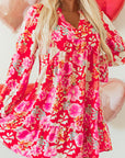 Red Floral Print High Waist V Neck Babydoll Mini Dress