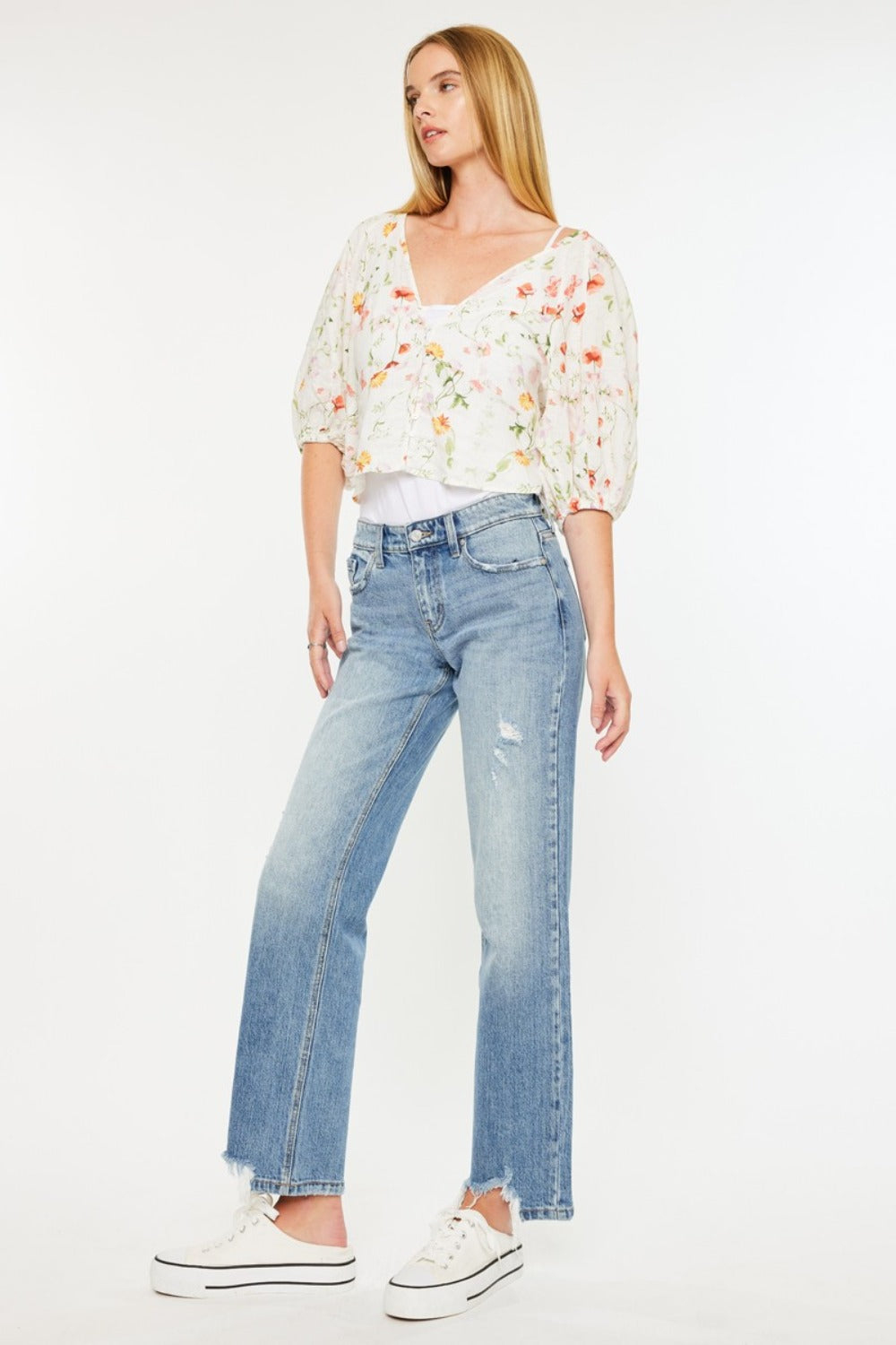 Kancan Mid Rise Frayed Hem Straight Jeans - Little Miss Vanilla