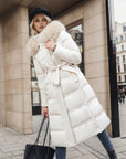 Winter Slim Long Jacket With Fur Hood And Belt Fashion Solid Hooded Coat Warm Clothing For Women