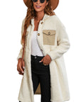 Beige Contrast Flap Pocket Single Breasted Teddy Coat