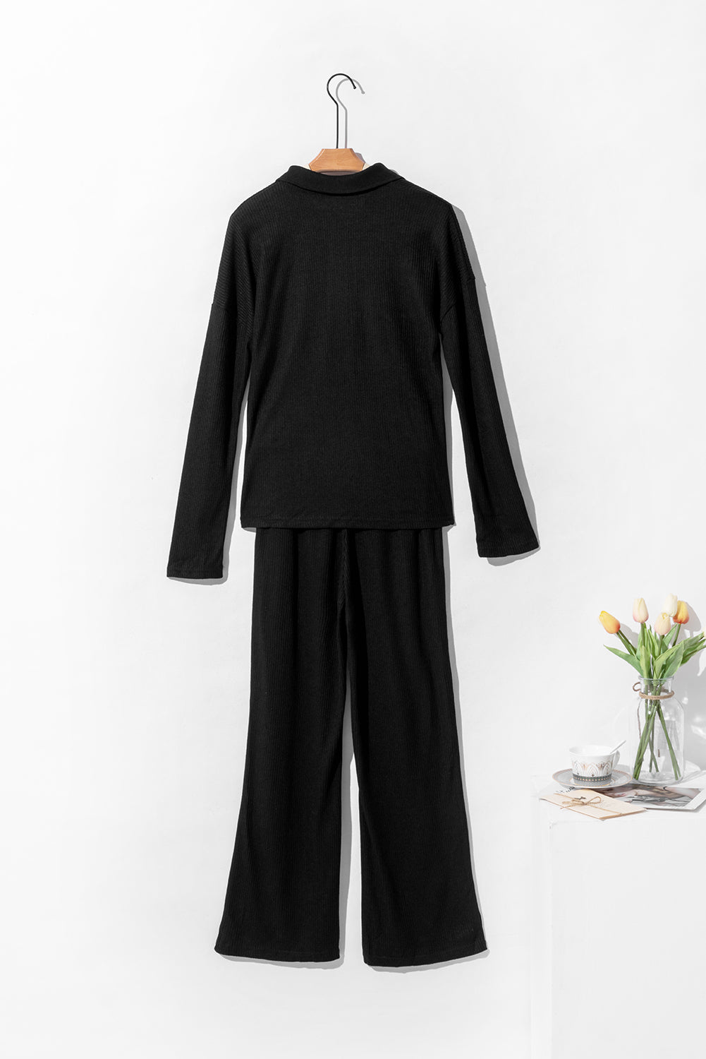 Black Ribbed Knit Collared Henley Top and Pants Lounge Outfit - Little Miss Vanilla