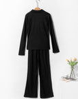 Black Ribbed Knit Collared Henley Top and Pants Lounge Outfit - Little Miss Vanilla