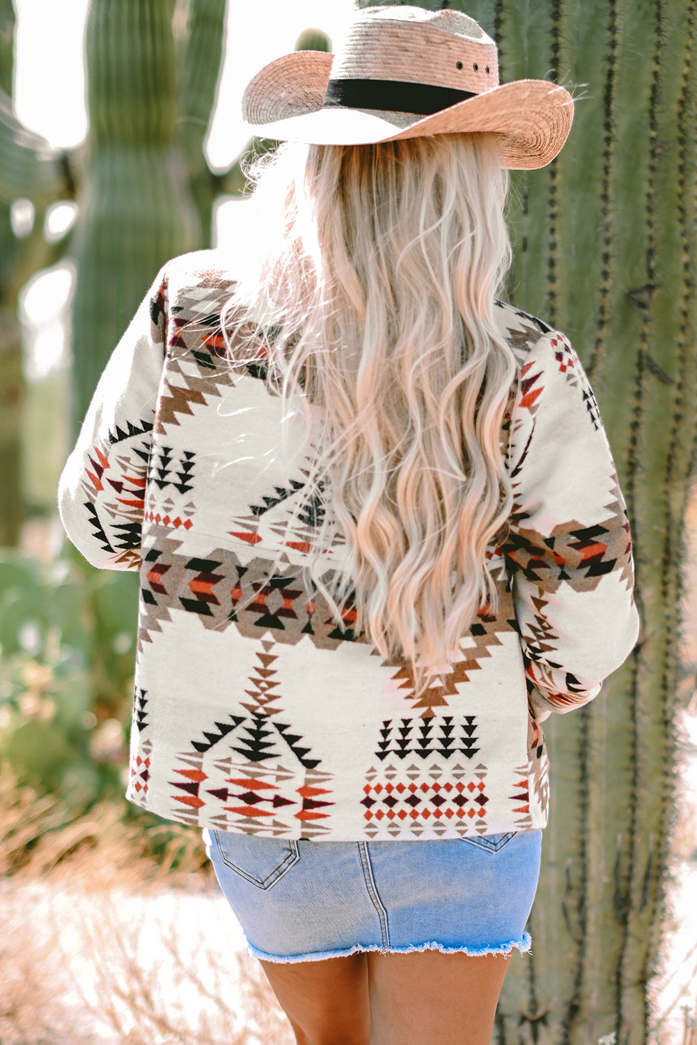 Beige Aztec Printed Stand Neck Zip Up Jacket - Little Miss Vanilla