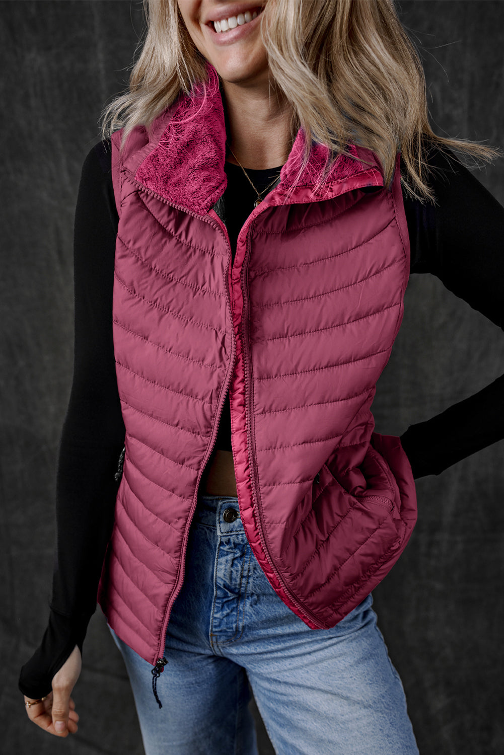 Burgundy Plush Collared Quilted Zipped Puffer Vest - Little Miss Vanilla