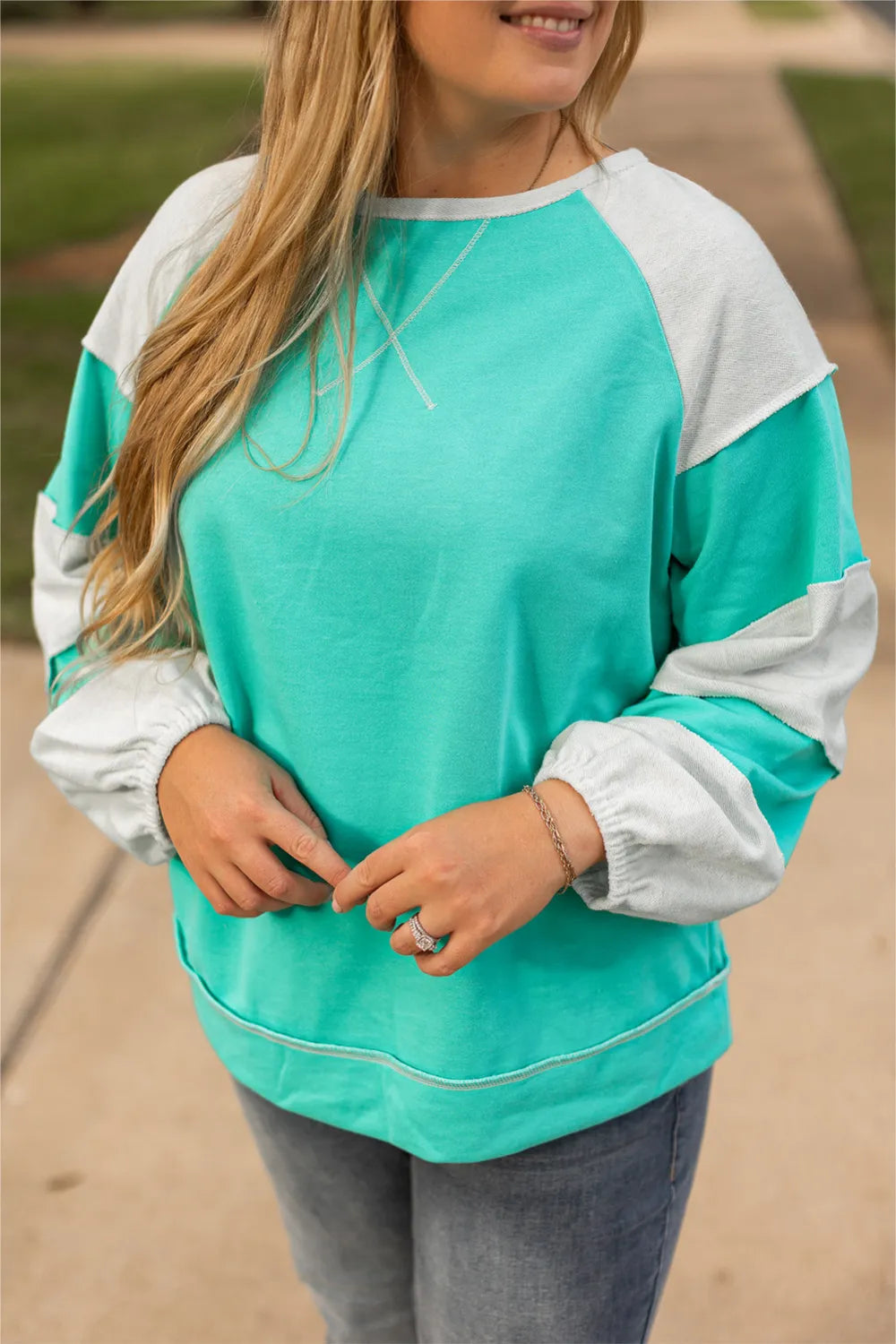 Plus Size Exposed Seam Color Block Long Sleeve Sweatshirt - Little Miss Vanilla