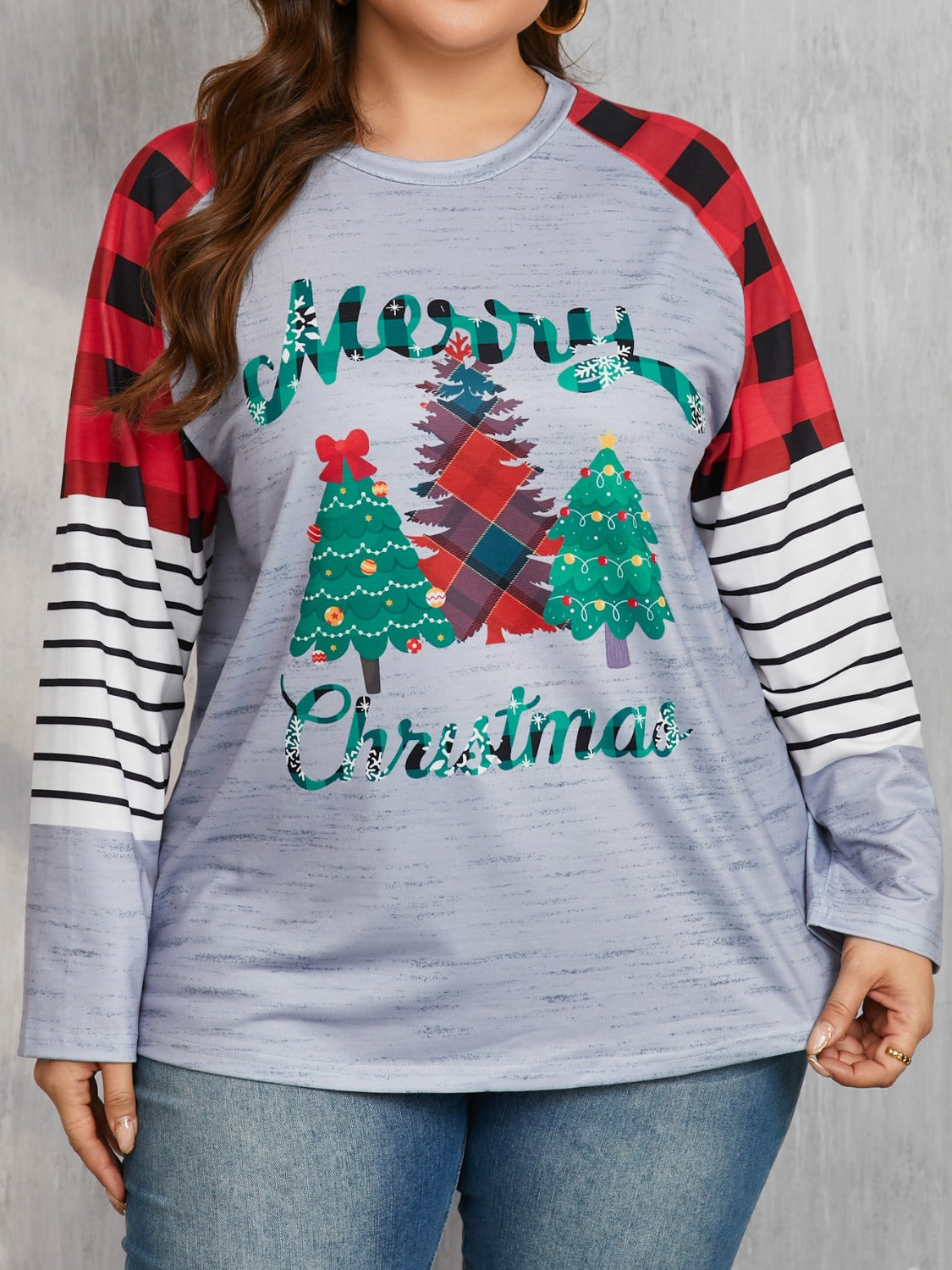 Plus Size Christmas Tree Plaid Round Neck Long Sleeve T-Shirt - Little Miss Vanilla