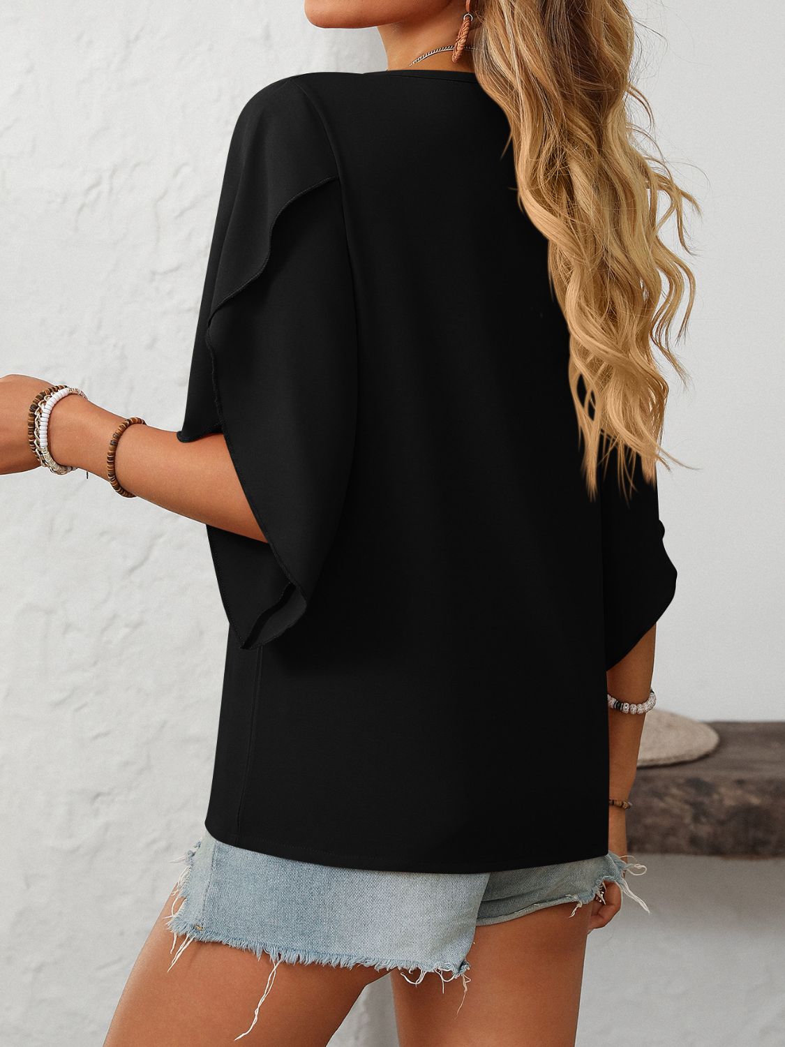 Mandy Ruffled Asymmetrical Neck Half Sleeve Blouse - Little Miss Vanilla