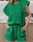 Bright Green Textured Ruffled Sleeve Tee and Drawstring Shorts Set