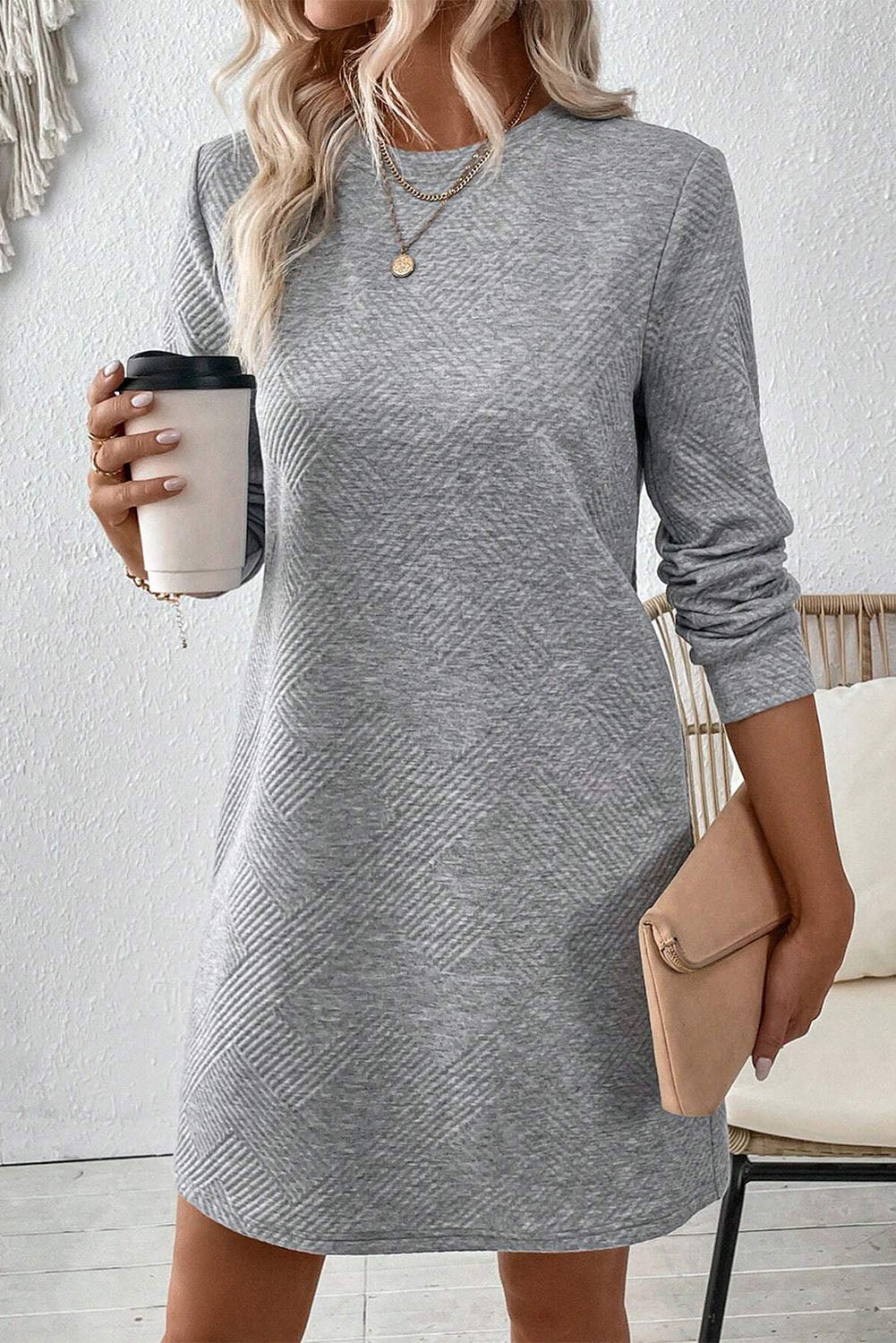 Gray Solid Color Textured Long Sleeve Shift Dress - Little Miss Vanilla