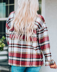 Fiery Red Geometric Plaid Print Pocketed Shacket