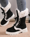 Winter Lace-up Snow Boots For Women Mid-tube Fleece Shoes Warm Chunky Heels Plush Boot