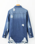 Sky Blue Light Wash Distressed Frayed Long Denim Jacket - Little Miss Vanilla