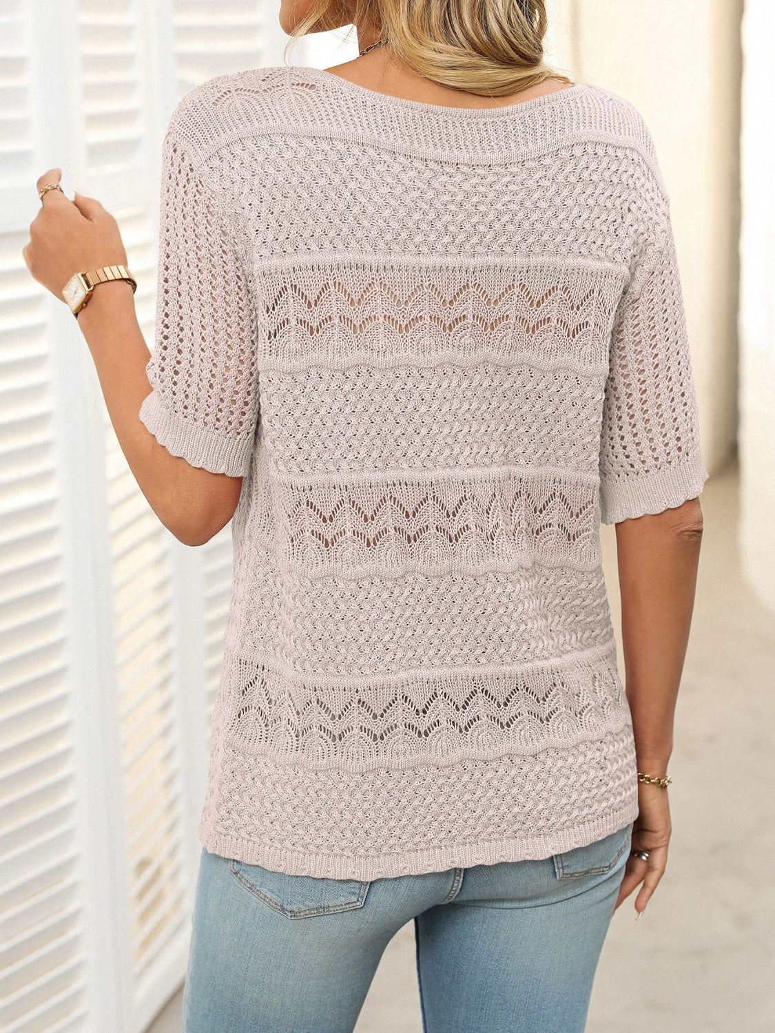 Mandy Openwork Round Neck Half Sleeve Knit Top - Little Miss Vanilla