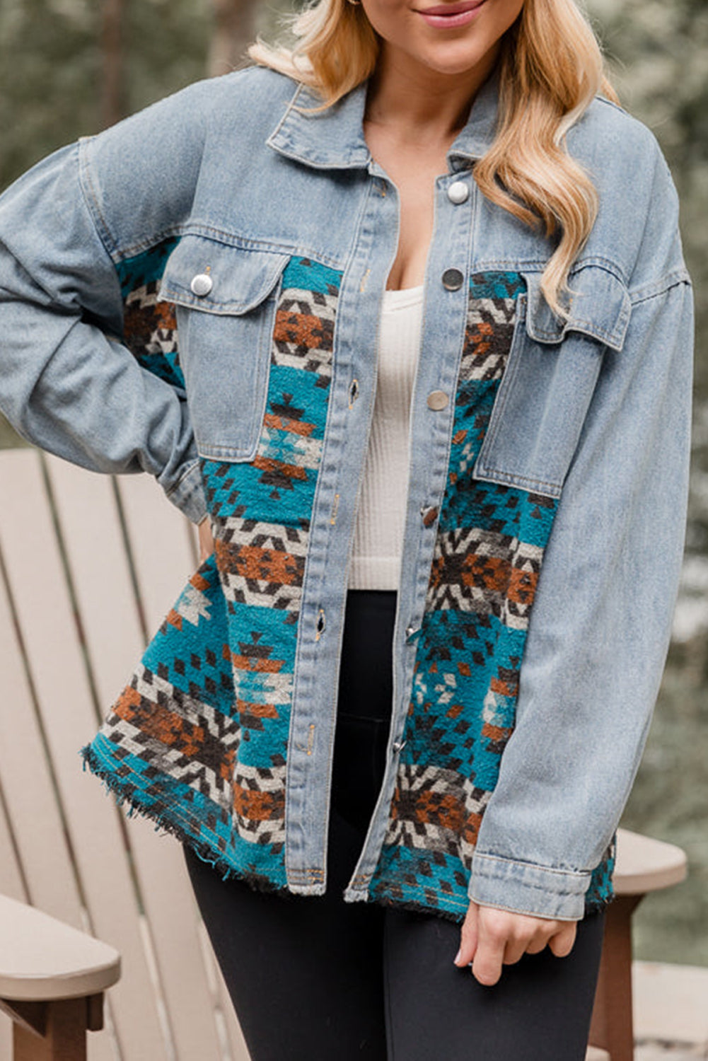 Blue Aztec Printed Denim Jacket - Little Miss Vanilla