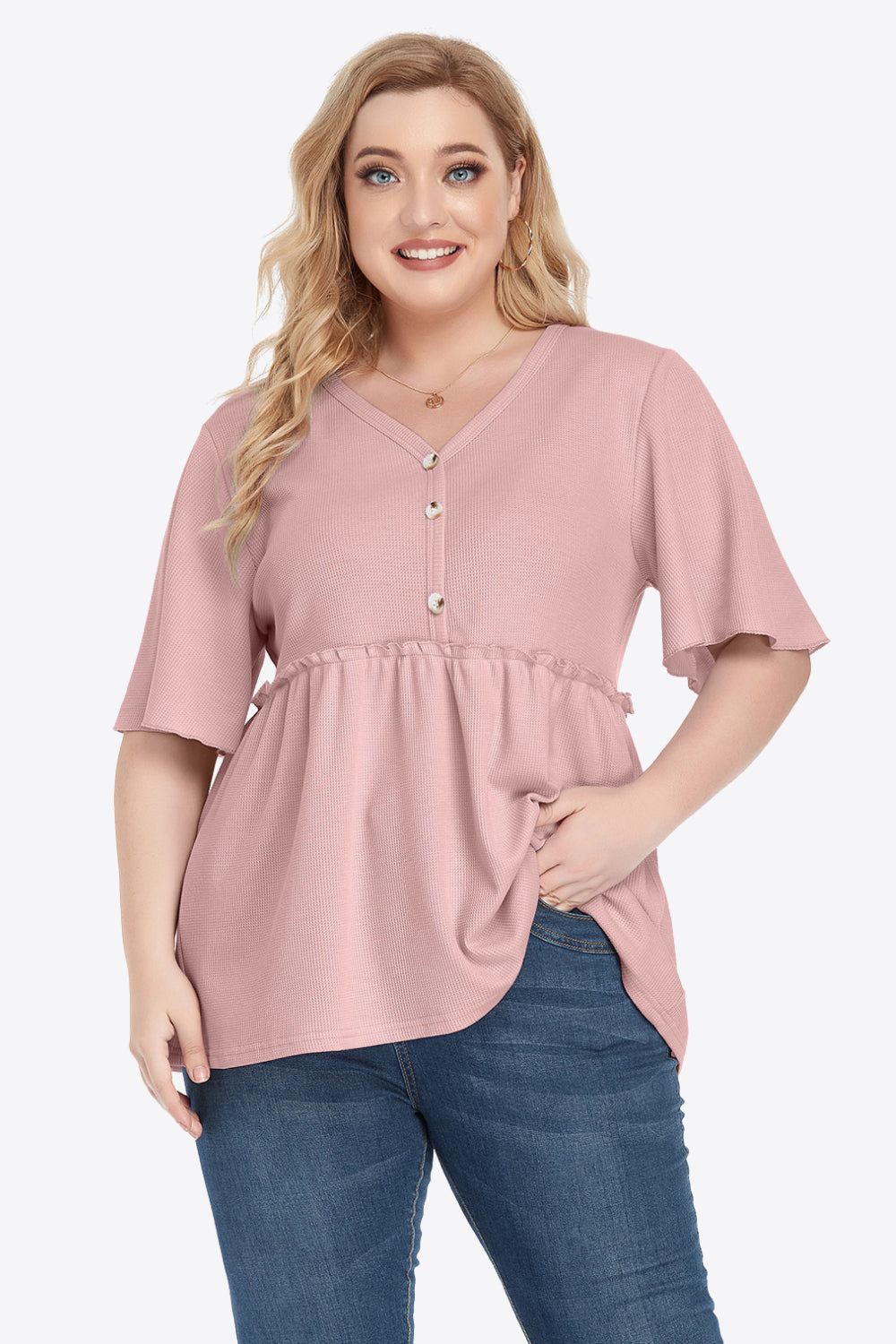 Plus Size Buttoned V-Neck Frill Trim Babydoll Blouse - Little Miss Vanilla