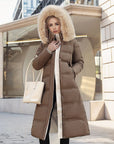 Winter Slim Long Jacket With Fur Hood And Belt Fashion Solid Hooded Coat Warm Clothing For Women