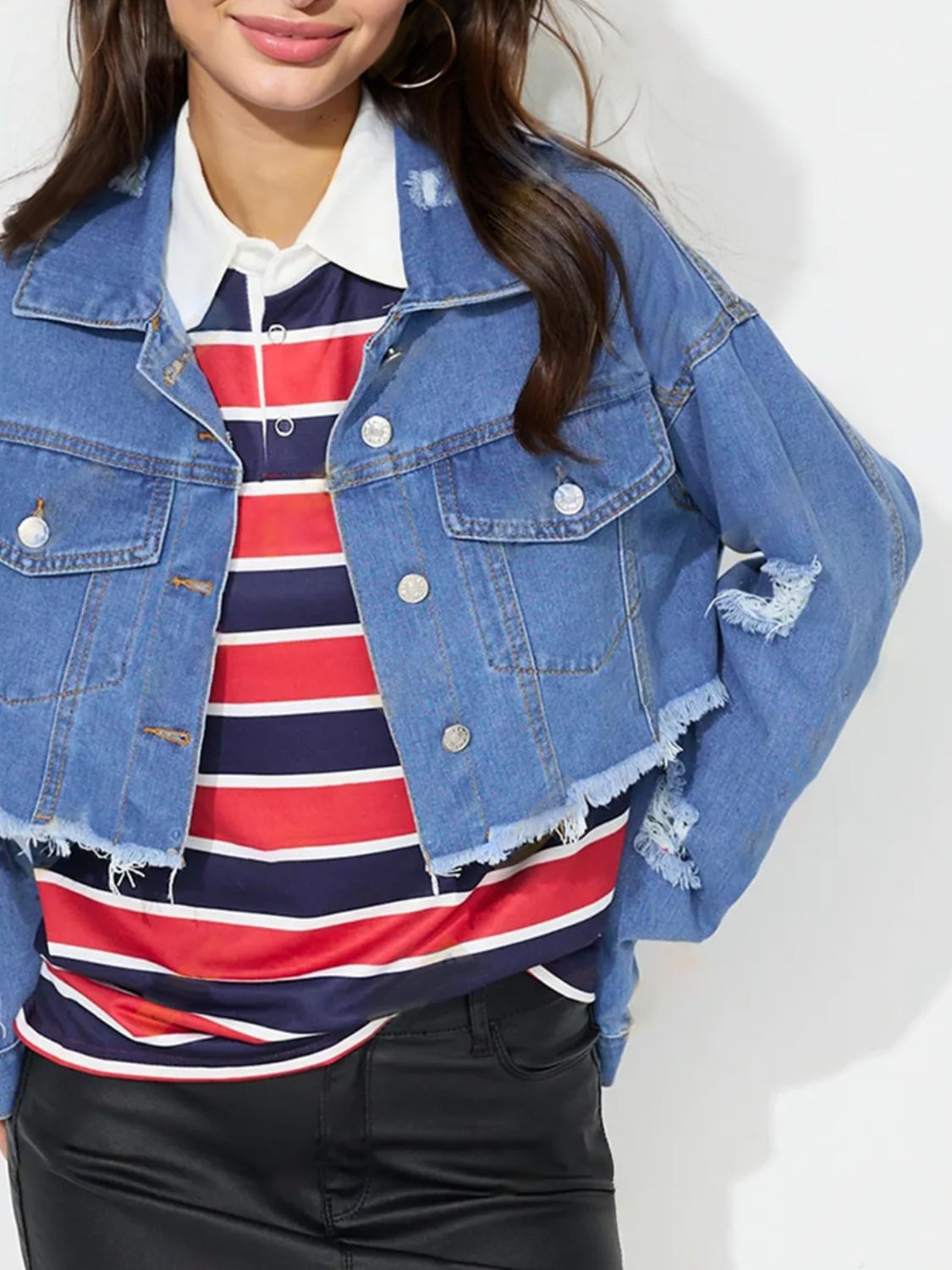 Raw Hem Collared Neck Cropped Denim Top - Little Miss Vanilla