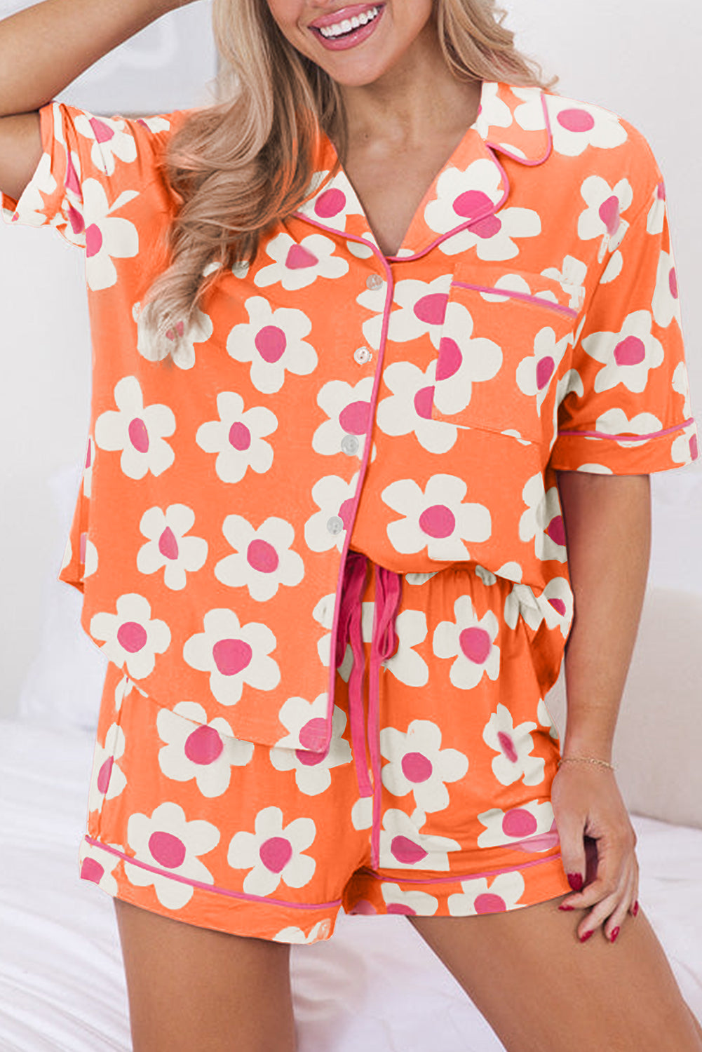 Orange Flower Print Short Sleeve Shirt Pajamas Set - Little Miss Vanilla