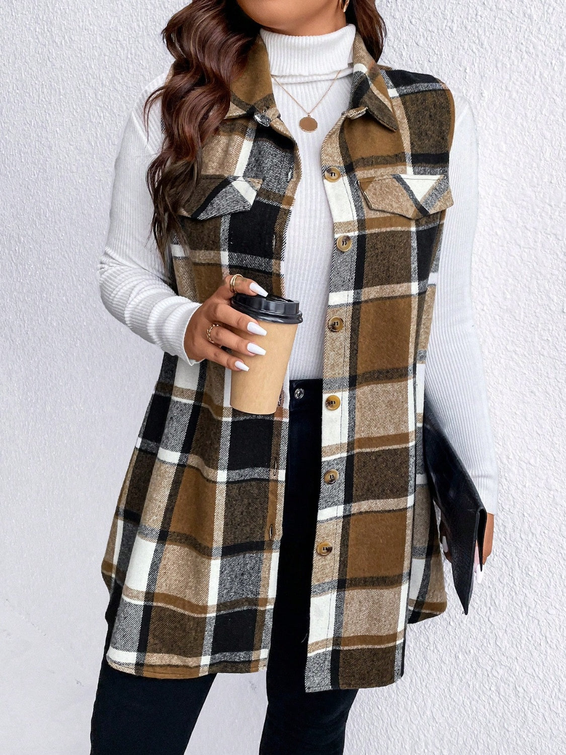 Honey Plus Size Pocketed Plaid Button Up Vest Coat - Little Miss Vanilla