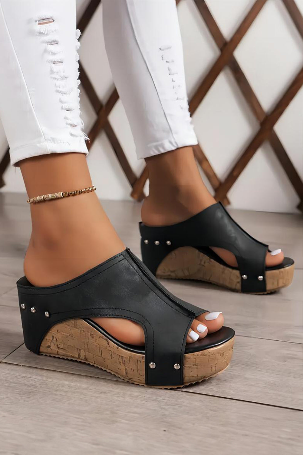 Black Hollow Out Studded PU Leather Wedge Slippers - Little Miss Vanilla