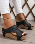 Black Hollow Out Studded PU Leather Wedge Slippers - Little Miss Vanilla