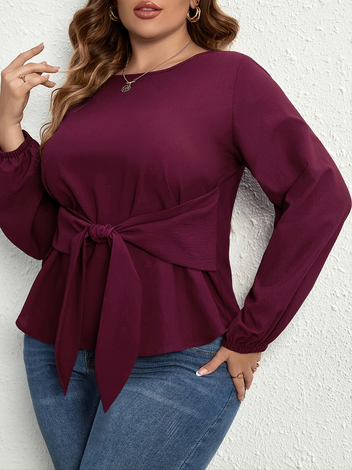 Plus Size Tie Front Long Sleeve Blouse - Little Miss Vanilla