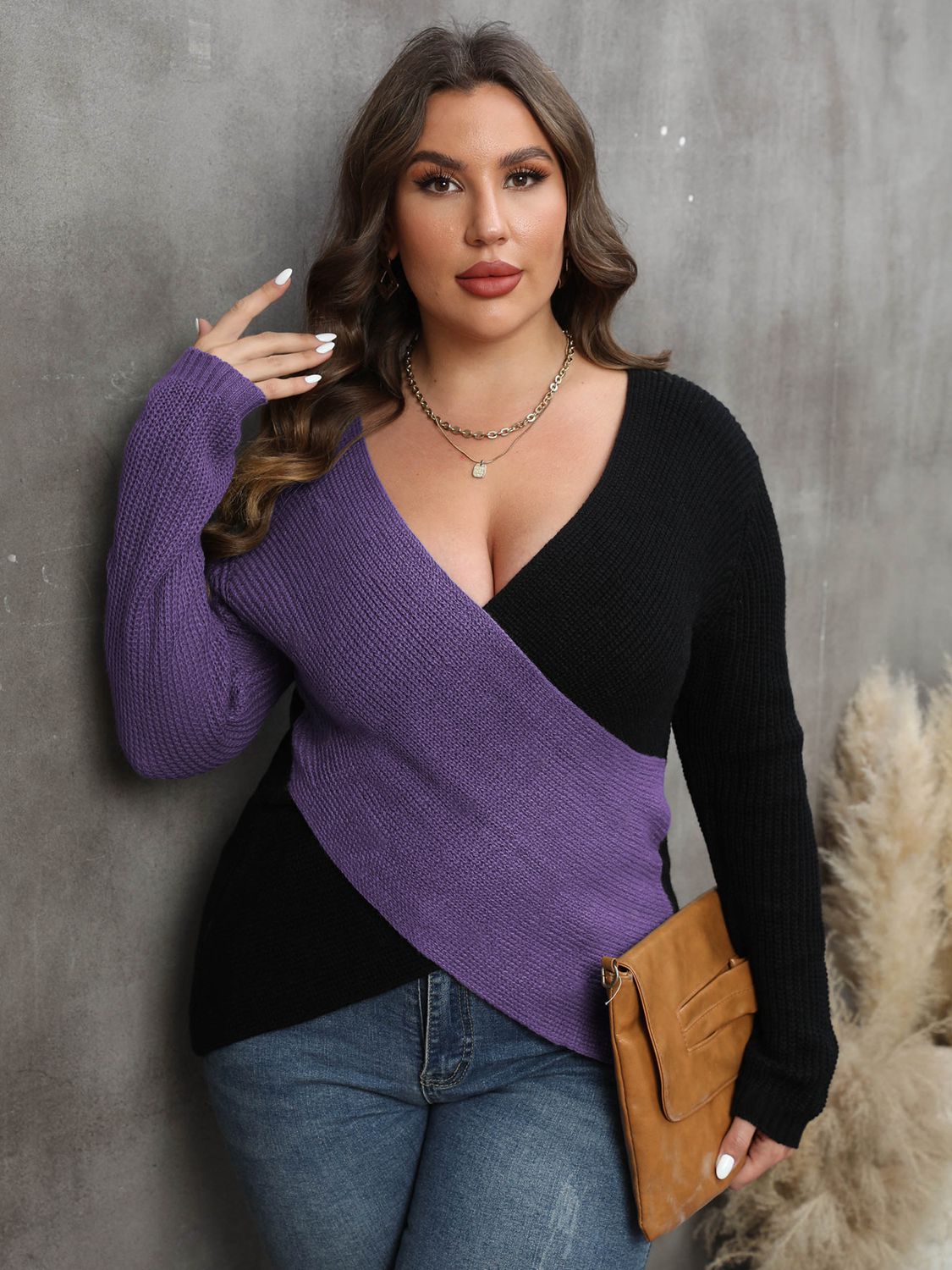 Plus Size Two-Tone Surplice Neck Sweater - Little Miss Vanilla