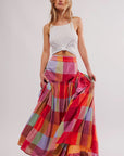 Multicolour Plaid Print Ruched High Waist Casual Maxi Skirt