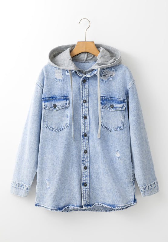 Distressed Button Up Hooded Denim Jacket with Pockets - Little Miss Vanilla