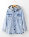 Distressed Button Up Hooded Denim Jacket with Pockets - Little Miss Vanilla