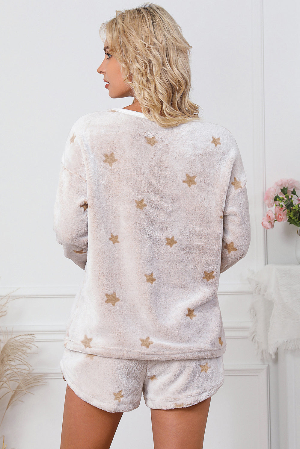 White Plush Star Pattern Long Sleeve Pullover and Shorts Lounge Set - Little Miss Vanilla