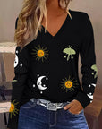 Sun Moon Star Butterfly Graphic Breathable Printed V-neck Long Sleeve T-shirt