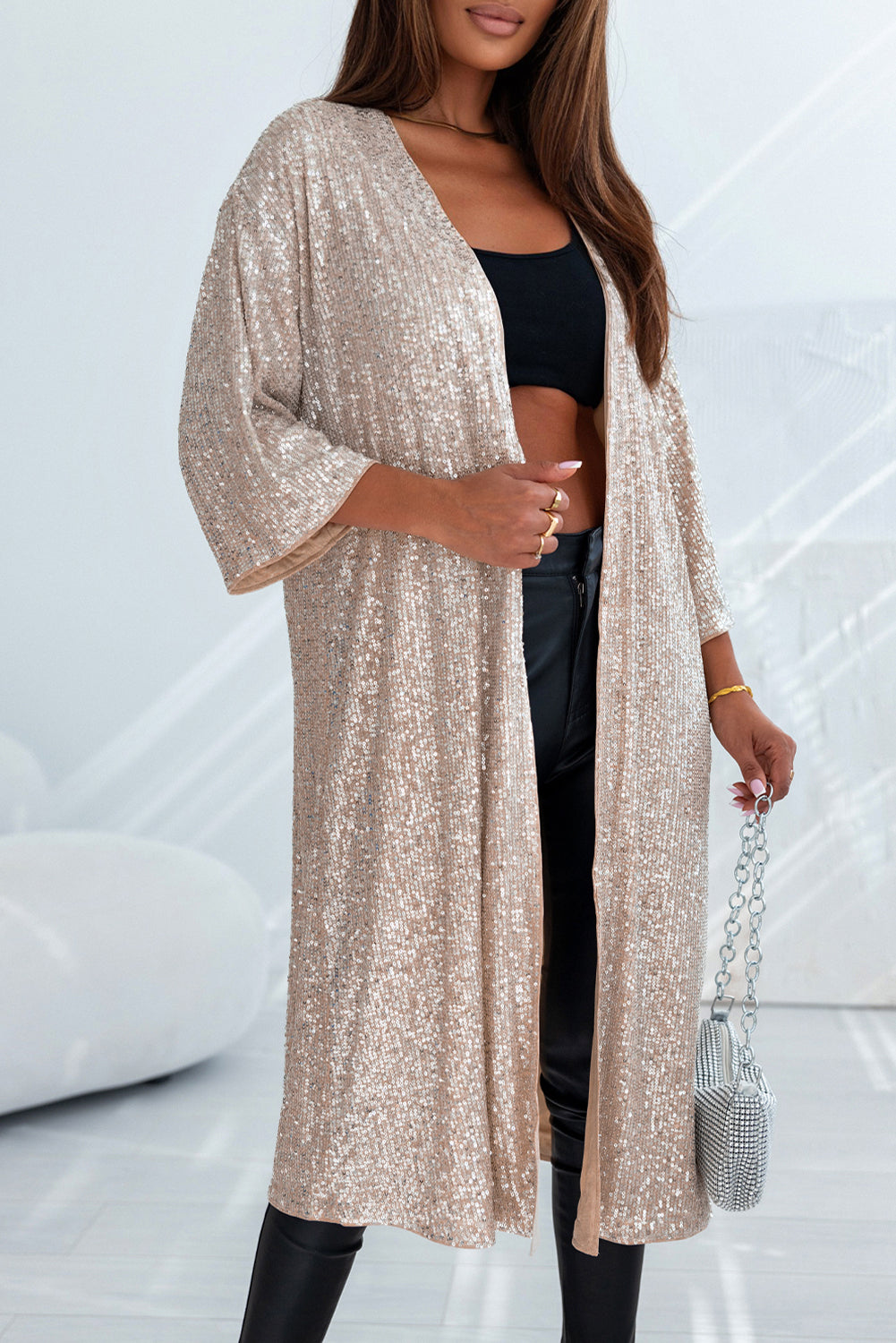 Apricot Sequin 3/4 Sleeve Open Front Duster Kimono - Little Miss Vanilla