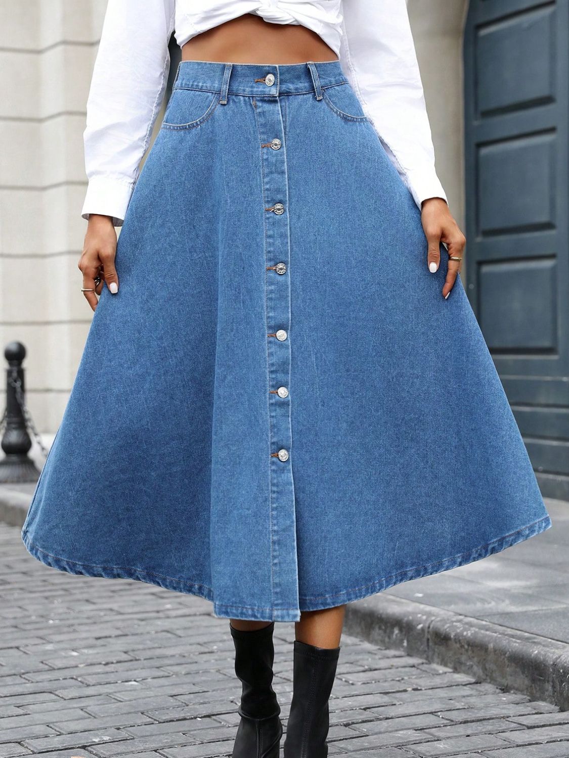 Buttoned Midi Denim Skirt with Pockets - Little Miss Vanilla